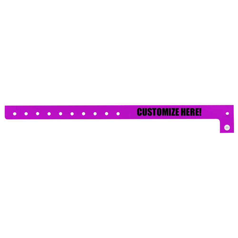 Plastic regular wristband in pantone purple with black text "CUSTOMIZE HERE!" - shown in flat 