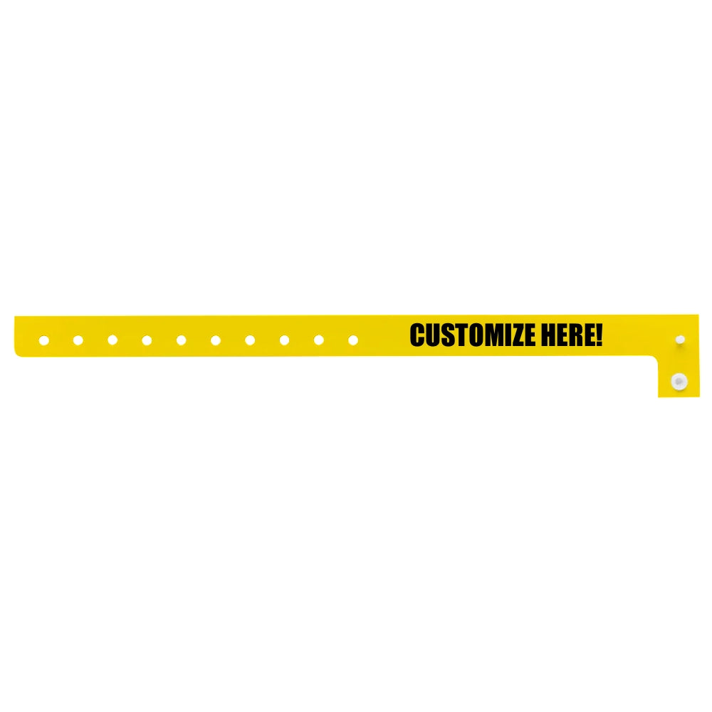 Plastic regular wristband in pantone purple with black text "CUSTOMIZE HERE!" - shown in flat 