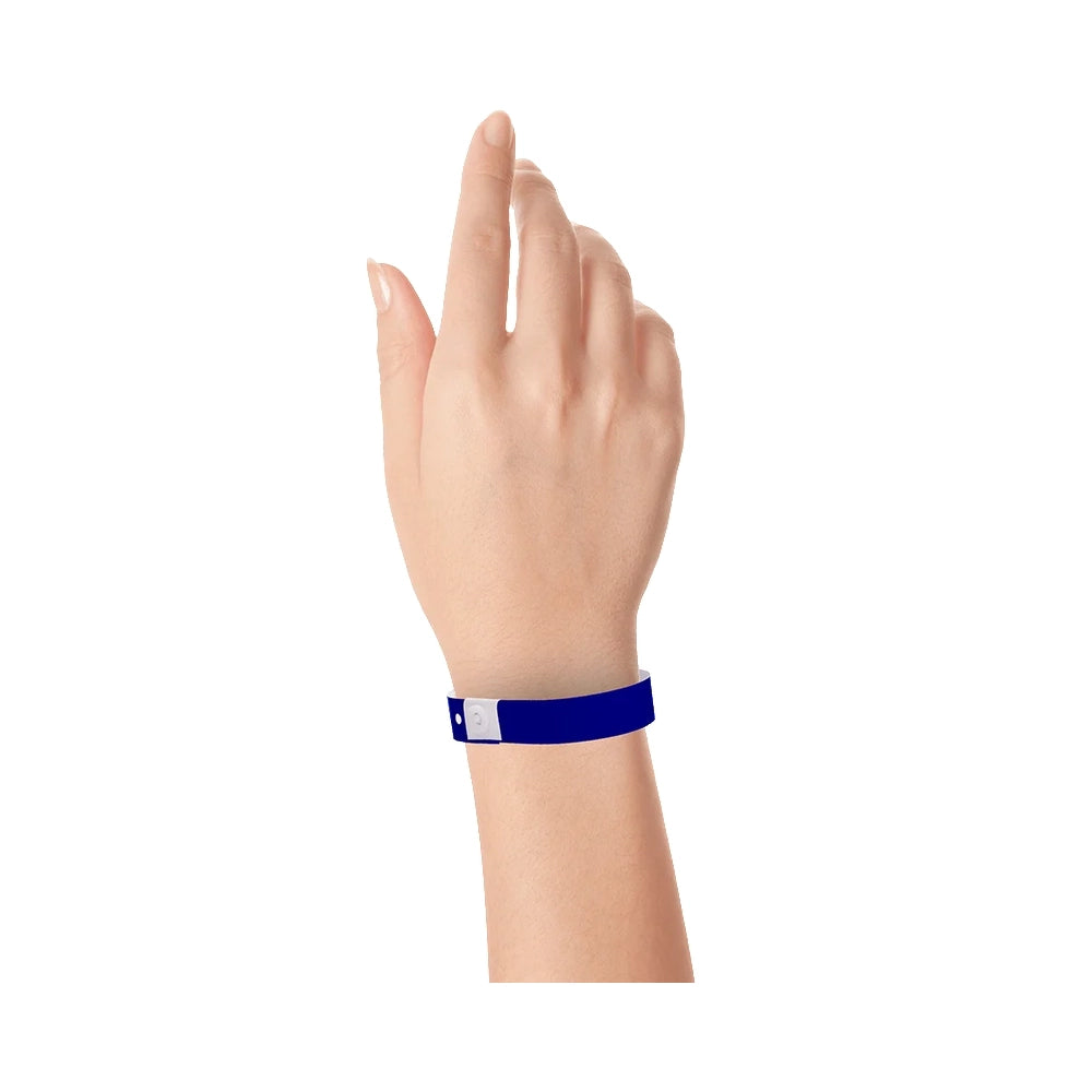 Plastic regular wristband in navy blue - shown on wrist
