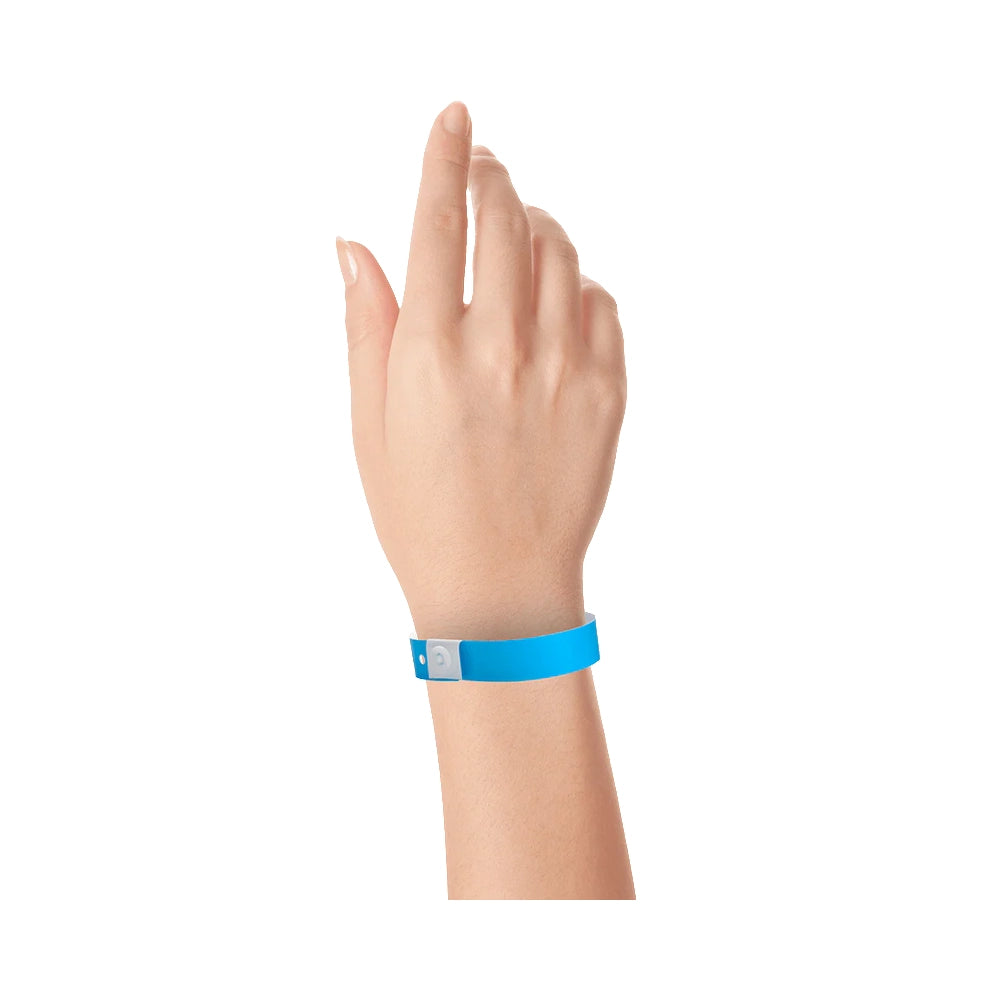 Plastic regular wristband in neon blue - shown on wrist