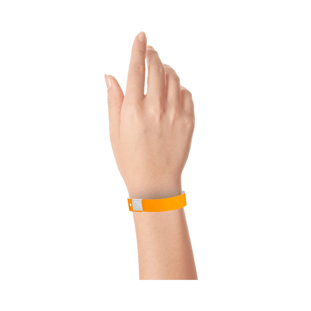 Plastic regular wristband in neon orange - shown on wrist