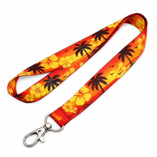 polyester sublimation Lanyard with tropical design featuring palm trees and flowers in red, orange and yellow