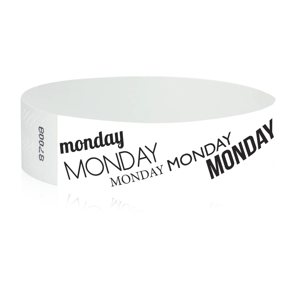 white tyvek wristband with monday text in black ink - round version shown