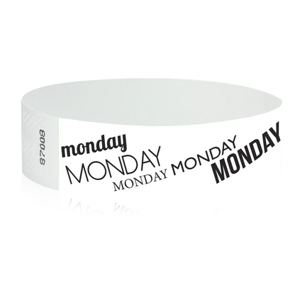 white tyvek wristband with monday text in black ink - round version shown