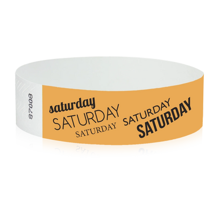 neon orange tyvek wristband with saturday  text in black ink - round version shown