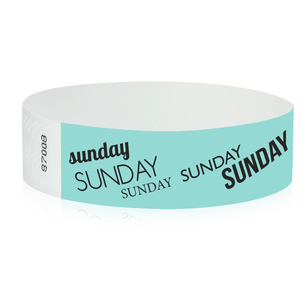 aqua tyvek wristband with sunday text in black ink - round version shown