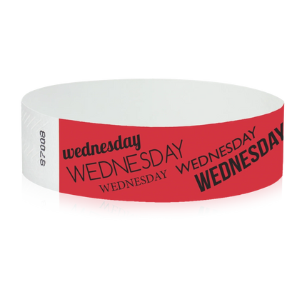 neon red tyvek wristband with wednesday text in black ink - round version shown