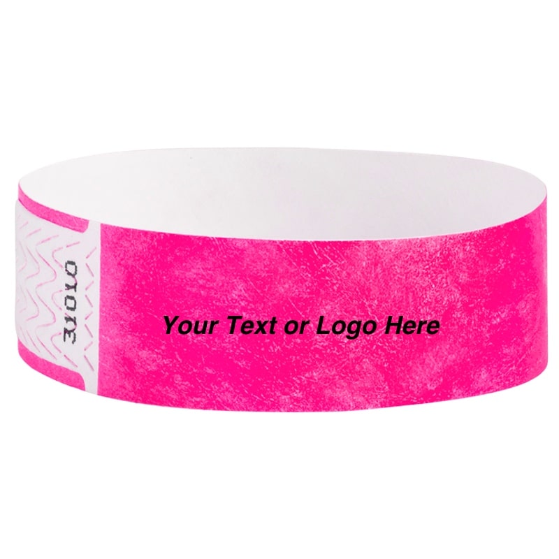 qwik fit closure tyvek wristband with customizable text or logo area shown in neon pink