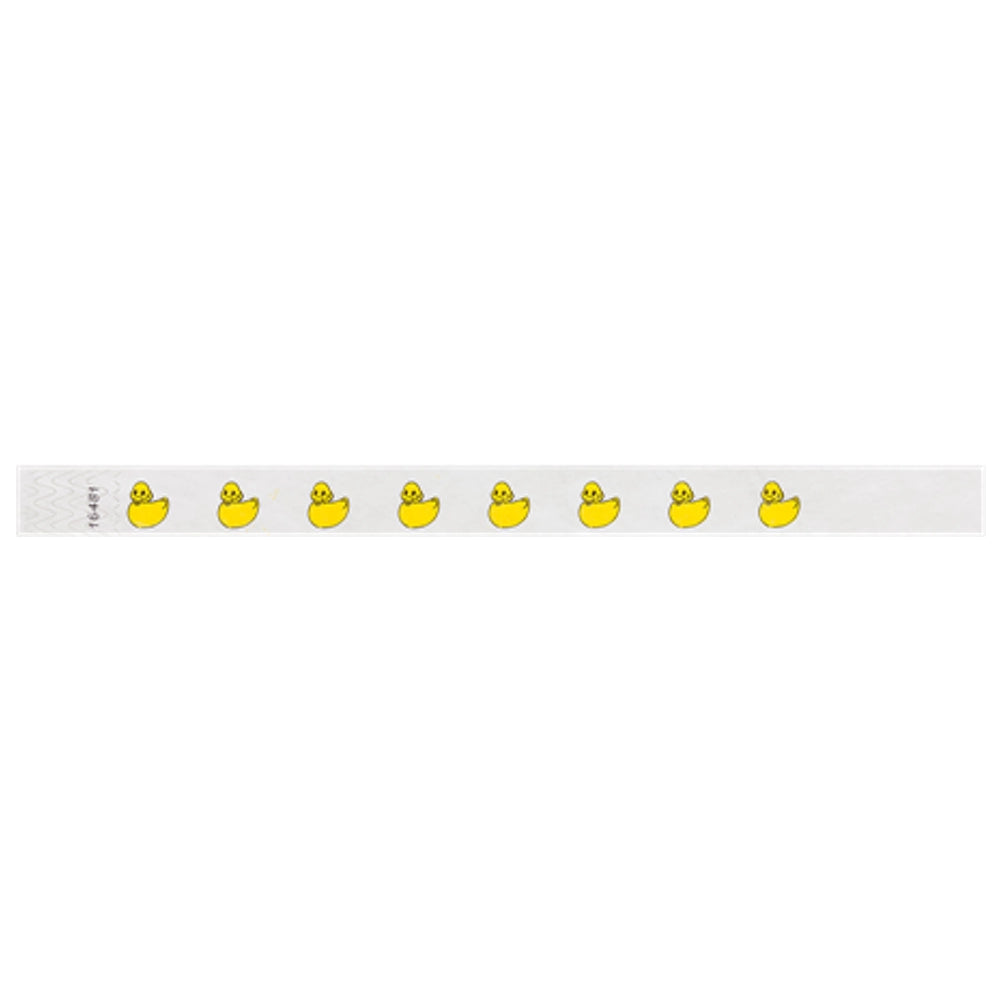 White wristband with White tyvek wristband with yellow rubber duck illustrations - flat version shown