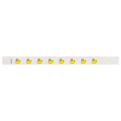 White wristband with White tyvek wristband with yellow rubber duck illustrations - flat version shown