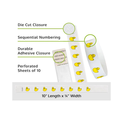 rubber duckies  tyvek wristband detail product page showing the die cut adhesive closure, sequential numbering, perforated sheets of 10 and the dimensions.