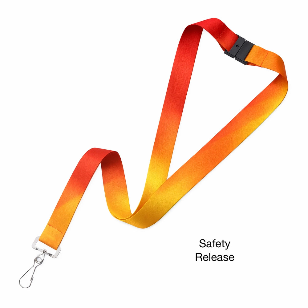 Gradient orange to red lanyard with safety release on neck
