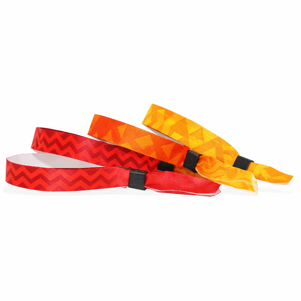 satin cloth wristbands in red, orange and yellow patterns