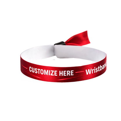 red satin cloth wristband with white writing showcasing a placeholder to customize with your logo or text
