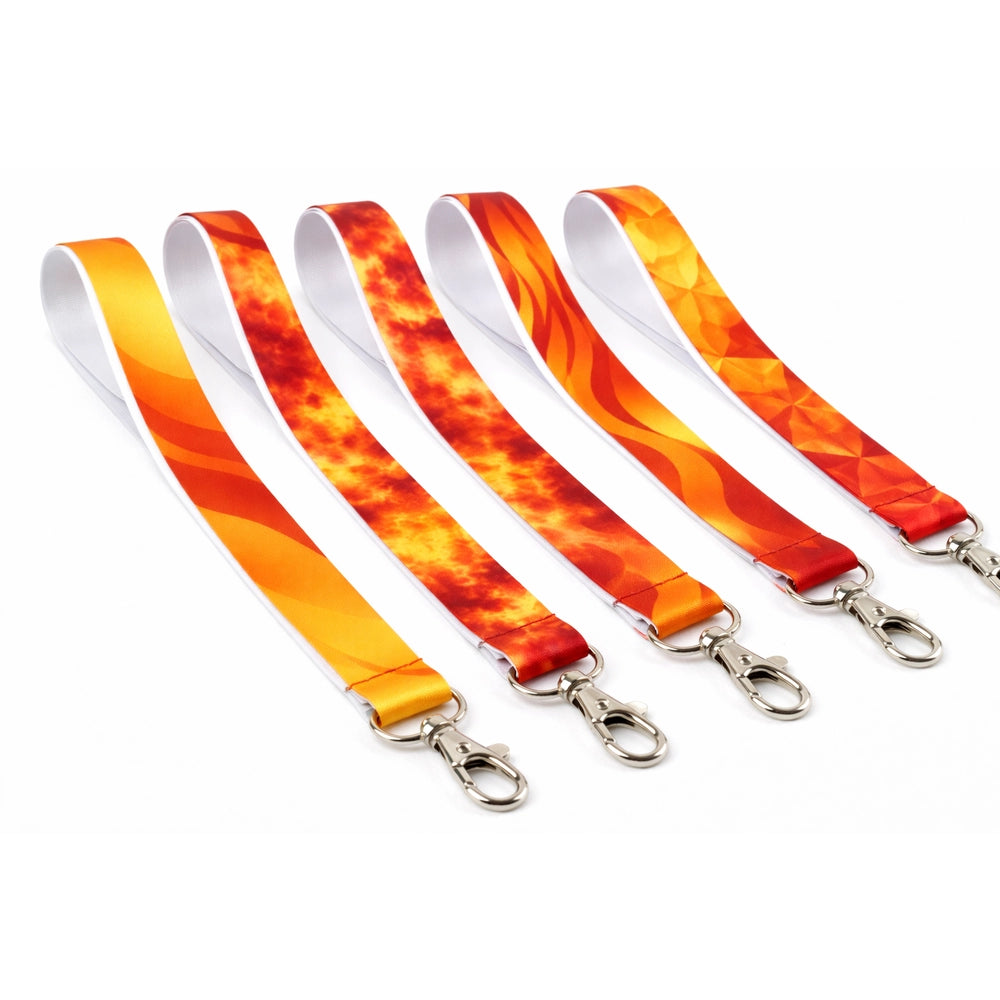 Set of five colorful screen printed lanyards with flame patterns on a white background