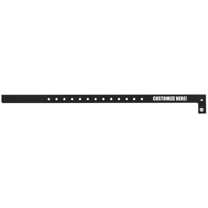 Plastic slim wristband in black with white text "CUSTOMIZE HERE!" - shown in flat 
