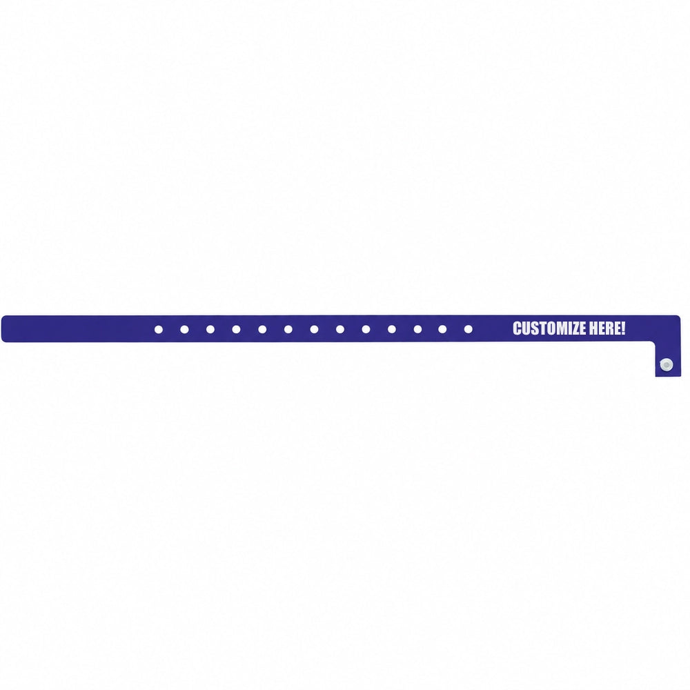 Plastic slim wristband in navy blue with white text "CUSTOMIZE HERE!" - shown in flat 