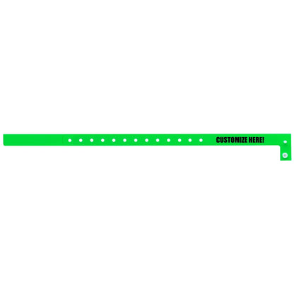 Plastic slim wristband in neon green with black text "CUSTOMIZE HERE!" - shown in flat 