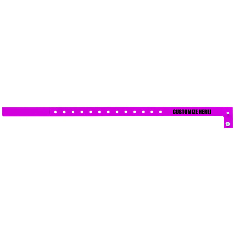 Plastic slim wristband in pantone purple with black text "CUSTOMIZE HERE!" - shown in flat 