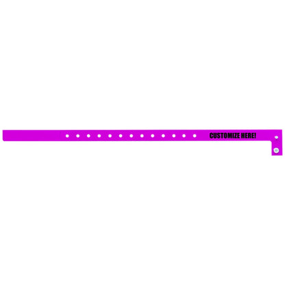 Plastic slim wristband in pantone purple with black text "CUSTOMIZE HERE!" - shown in flat 