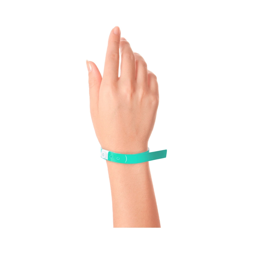 Plastic slim wristband in aqua - shown on wrist