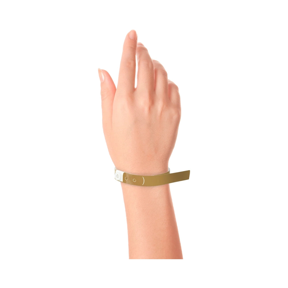 Plastic slim wristband in gold- shown on wrist