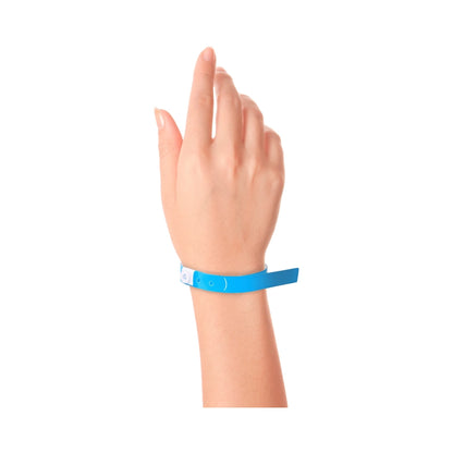 Wrist wearing plastic slim wristband in neon blue 