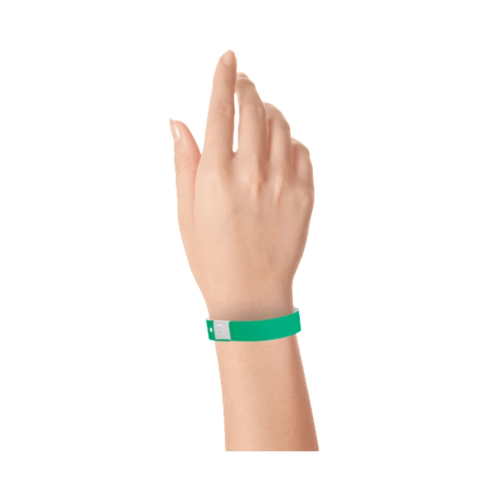Plastic slim wristband in pantone green - shown on wrist