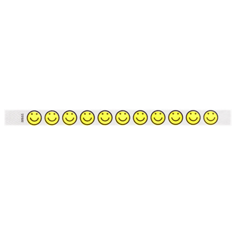 white tyvek Wristband with neon yellow smiley face designs outlined in black - flat version shown