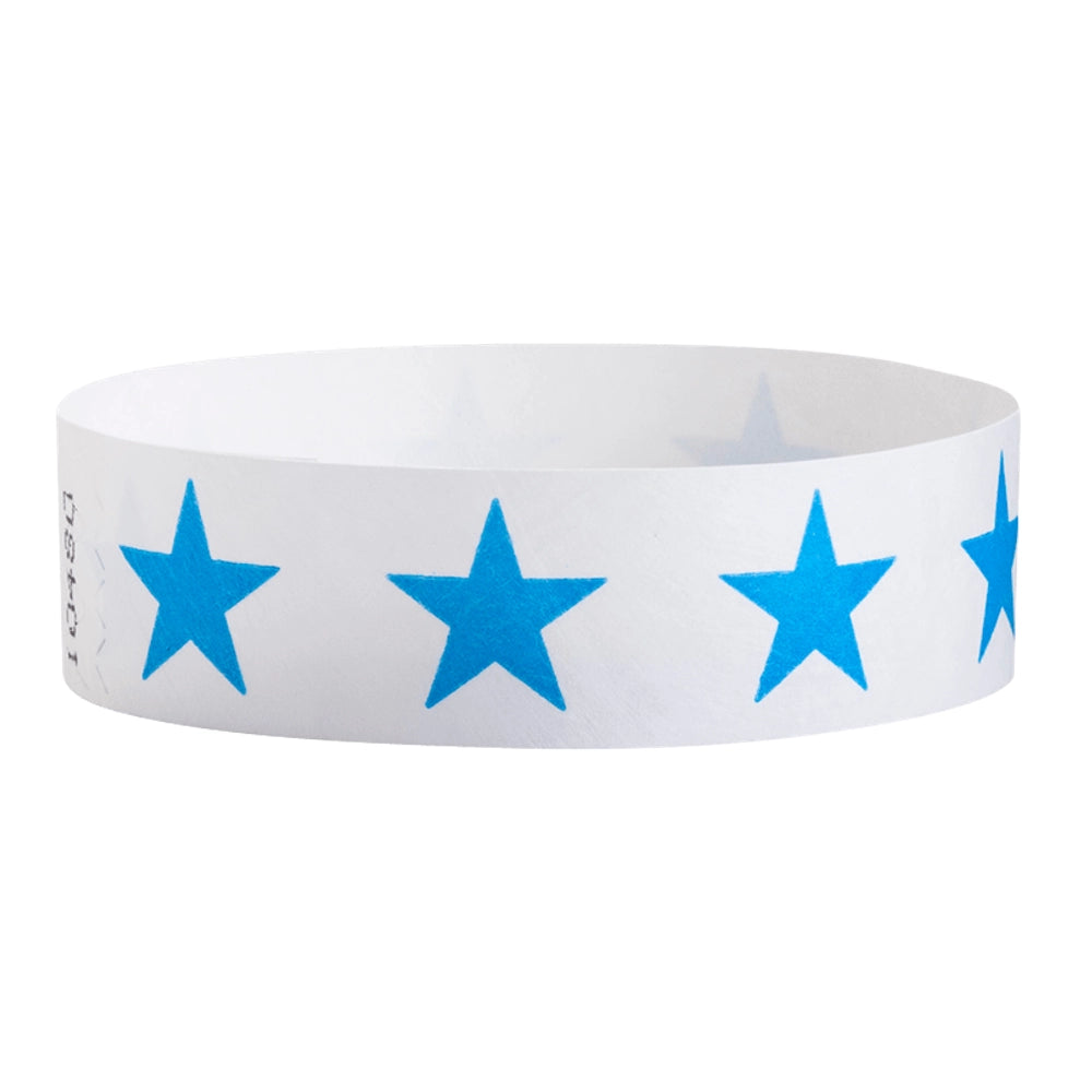 White tyvek wristband with neon blue stars - round version shown