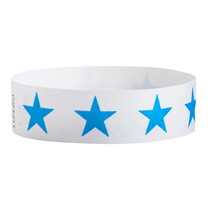 White tyvek wristband with neon blue stars - round version shown