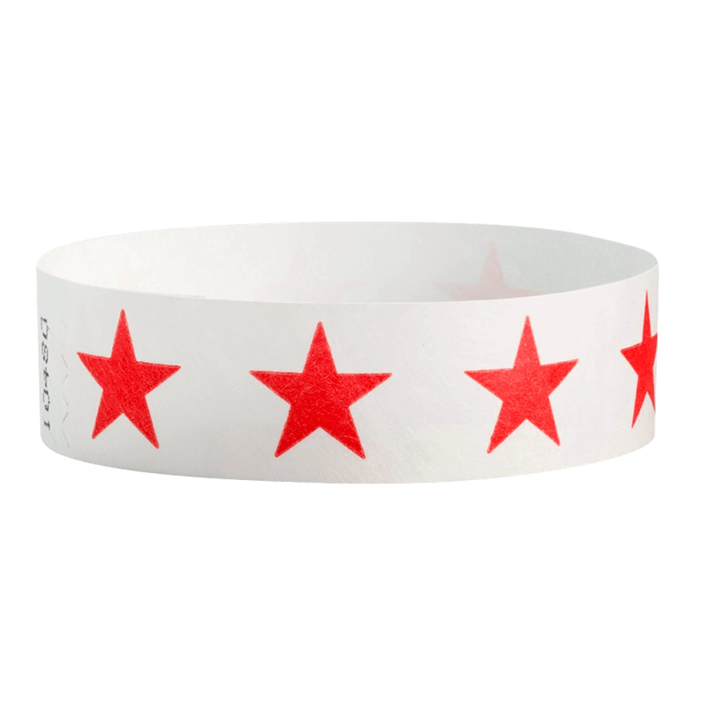 White tyvek wristband with neon red stars - round version shown
