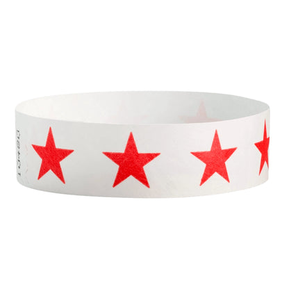 White tyvek wristband with neon red stars - round version shown
