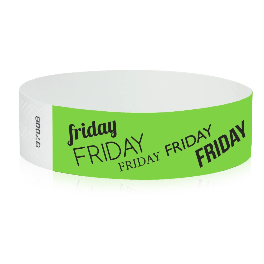neon green tyvek wristband with friday  text in black ink - round version shown