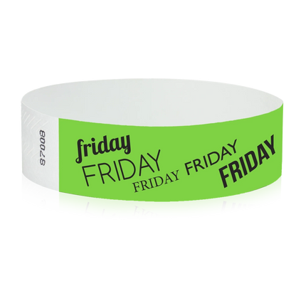 neon green tyvek wristband with friday  text in black ink - round version shown