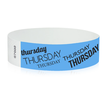 neon blue tyvek wristband with thursday  text in black ink - round version shown