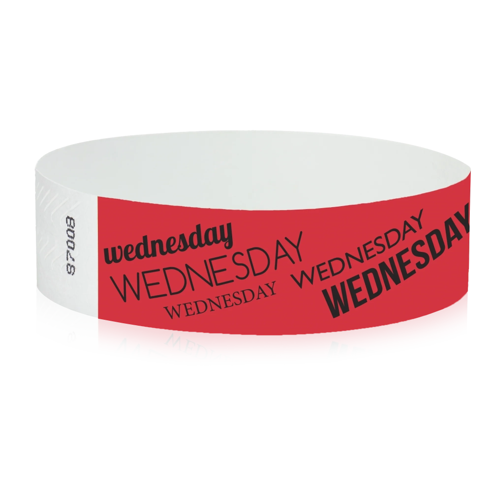 neon red tyvek wristband with wednesday text in black ink - round version shown