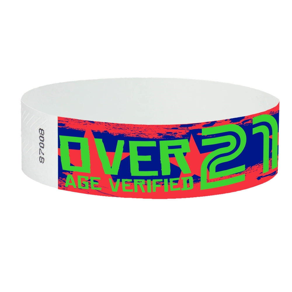 Wristband with a neon blue and neon red pattern with a neon green text "Over 21" and "Age Verified" - shown in round 