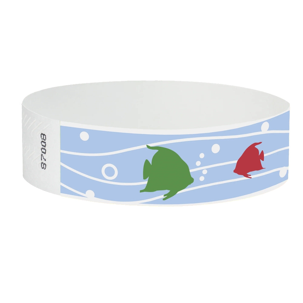 sky blue tyvek wristband with neon blue, neon red and neon yellow fish - round version shown