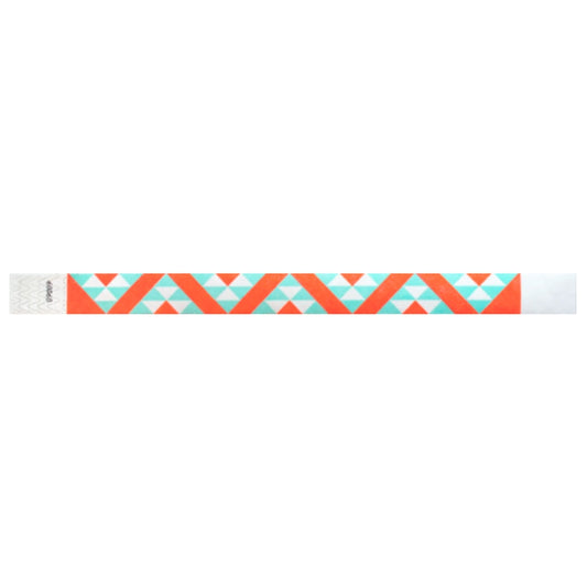 aqua and neon orange aztec pattern on a white tyvek wristband - full wristband shown