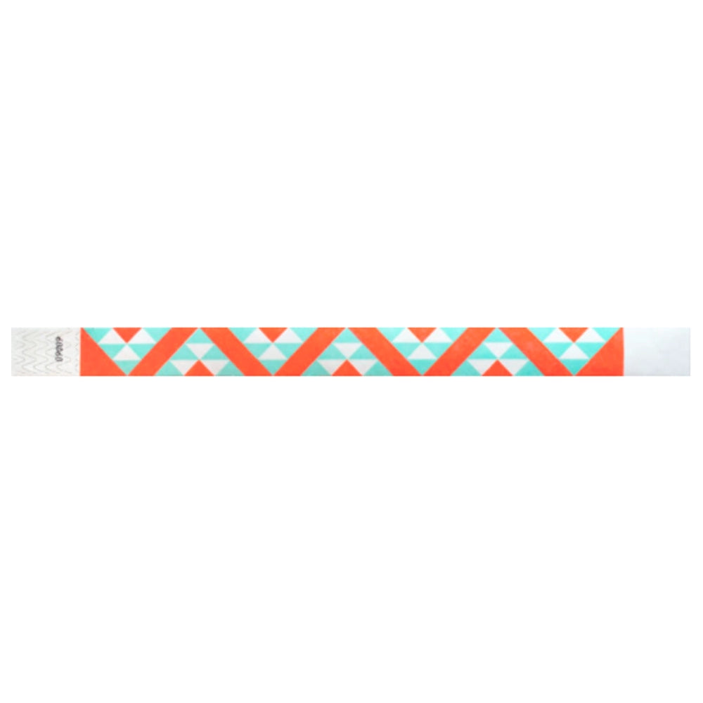 aqua and neon orange aztec pattern on a white tyvek wristband - flat version shown