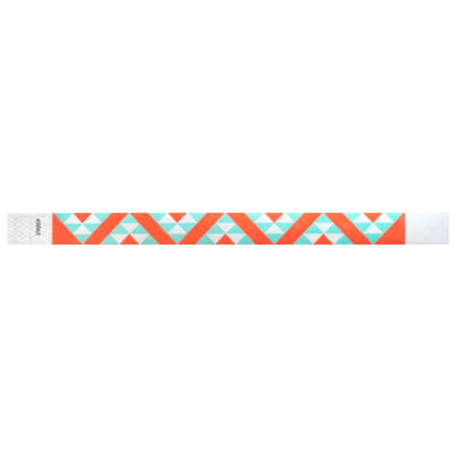 aqua and neon orange aztec pattern on a white tyvek wristband - flat version shown