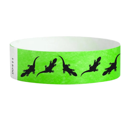 Neon green wristband with black geckos - shown in round version 