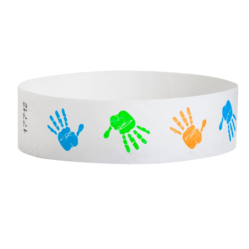 White tyvek wristband with neon orange, neon green and neon blue handprints - round version shown