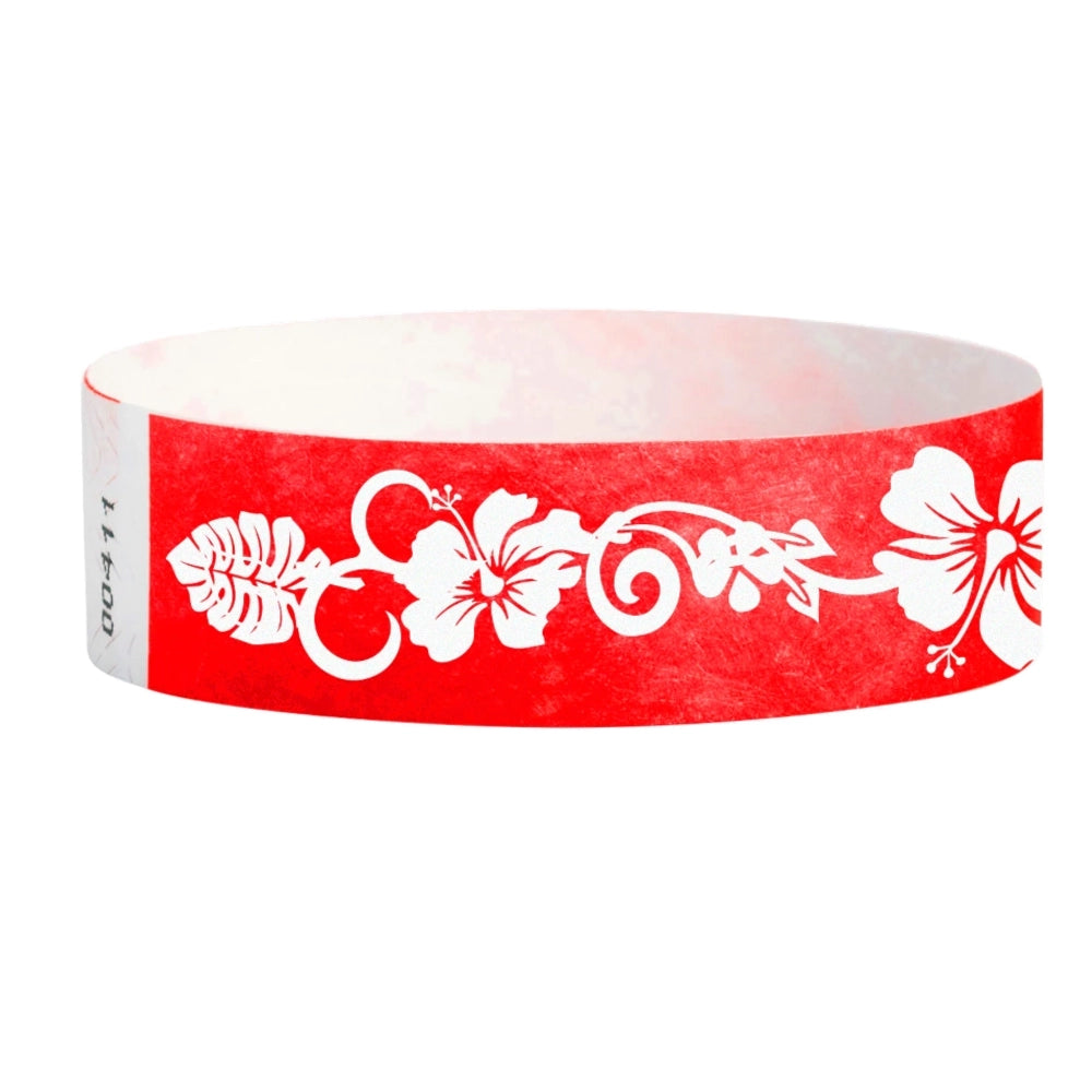 Red tyvek wristband with white hawaiian floral pattern - round version shown