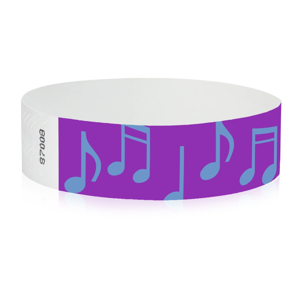 pantone purple tyvek wristband with neon blue music notes - round version shown