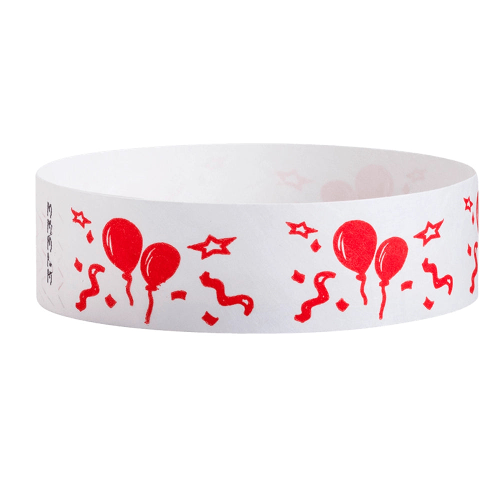 White tyvek wristband with red balloon and star pattern - round version shown