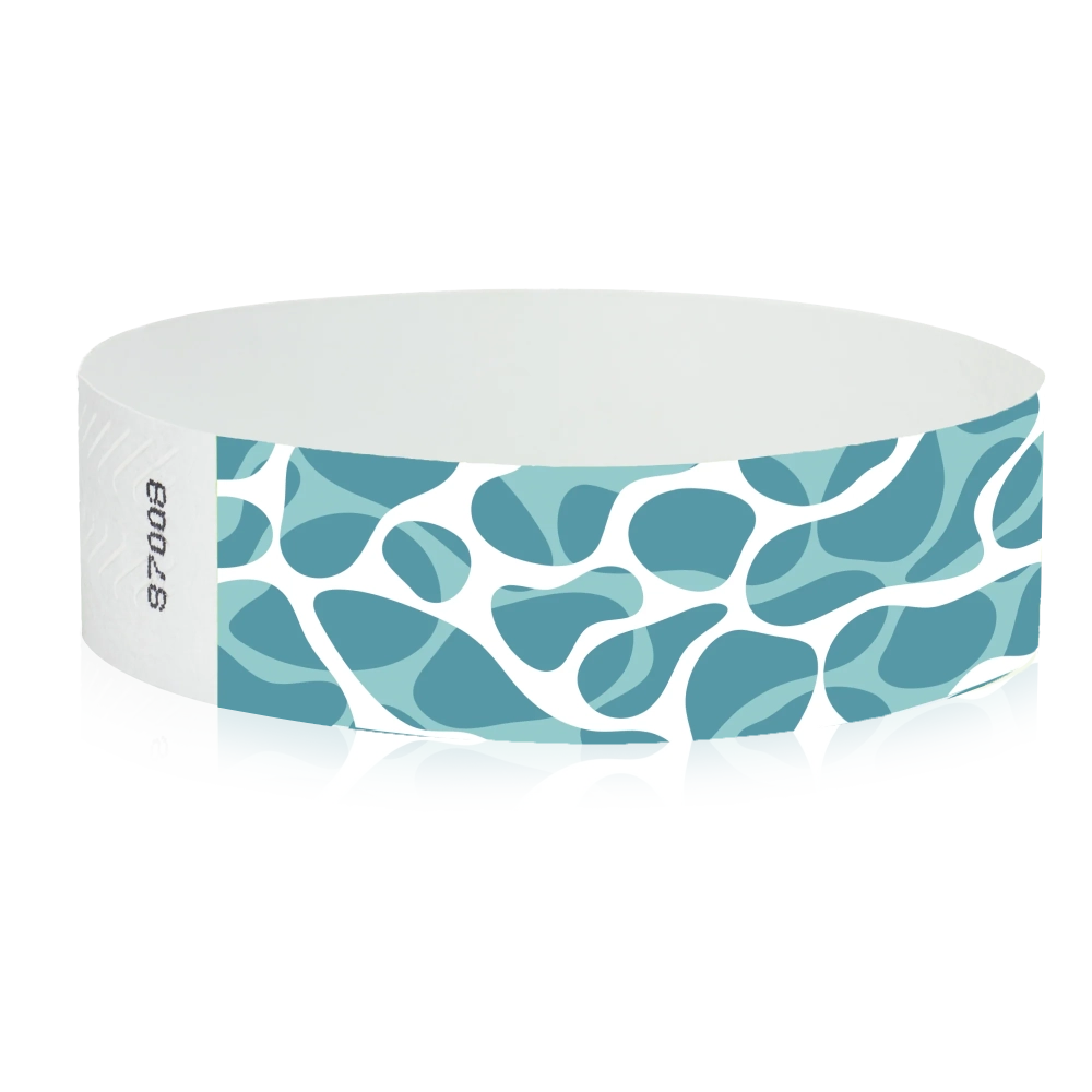 white tyvek wristband with blue pattern to look like a swimming pool line - round version shown