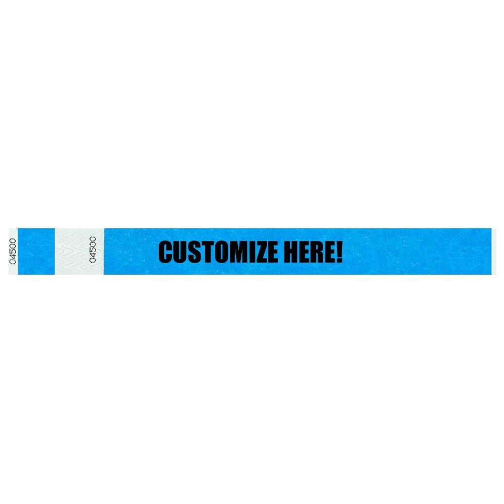 Tyvek 1" stub wristband in neon blue with black text "CUSTOMIZE HERE!" - shown in flat 