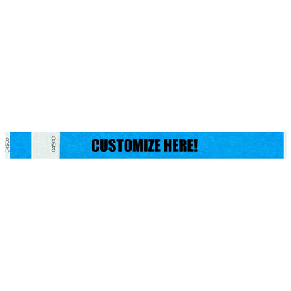 Tyvek 1" stub wristband in neon blue with black text "CUSTOMIZE HERE!" - shown in flat 